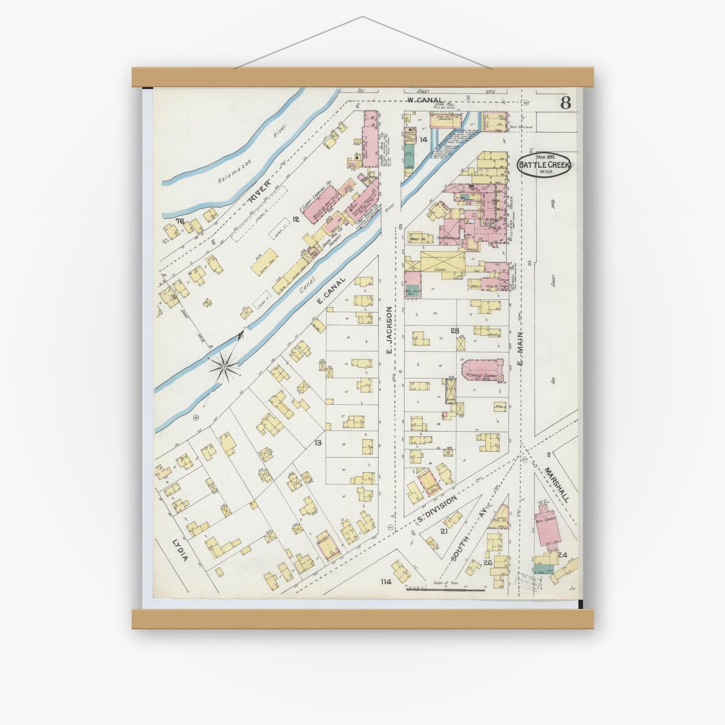 Old map wall art mockup — magnetic wood frame on white wall — Sanborn Fire Insurance Map from Battle Creek, Calhoun County, Michigan (1892), Sheet #0008