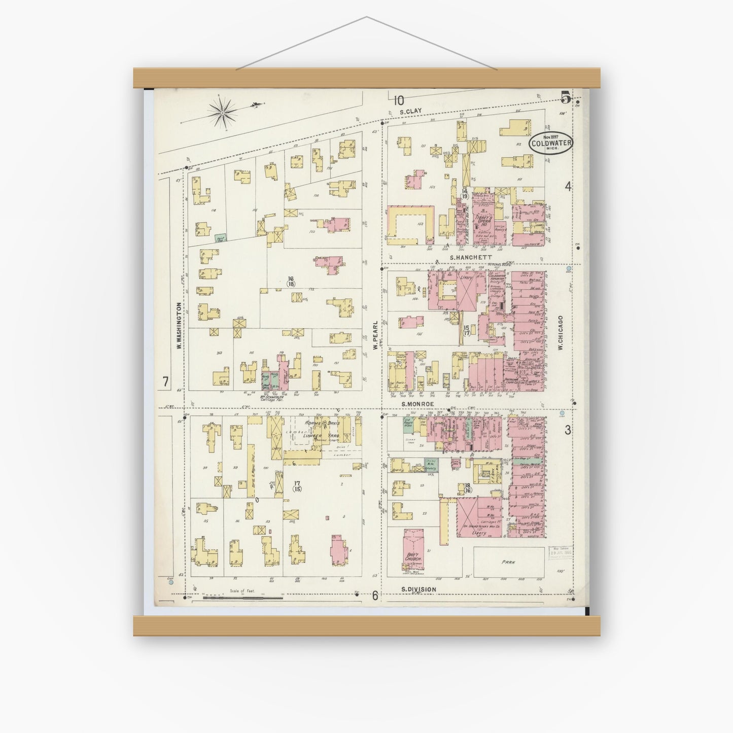 Old map wall art mockup — magnetic wood frame on white wall — Sanborn Fire Insurance Map from Coldwater, Branch County, Michigan (1897), Sheet #0005