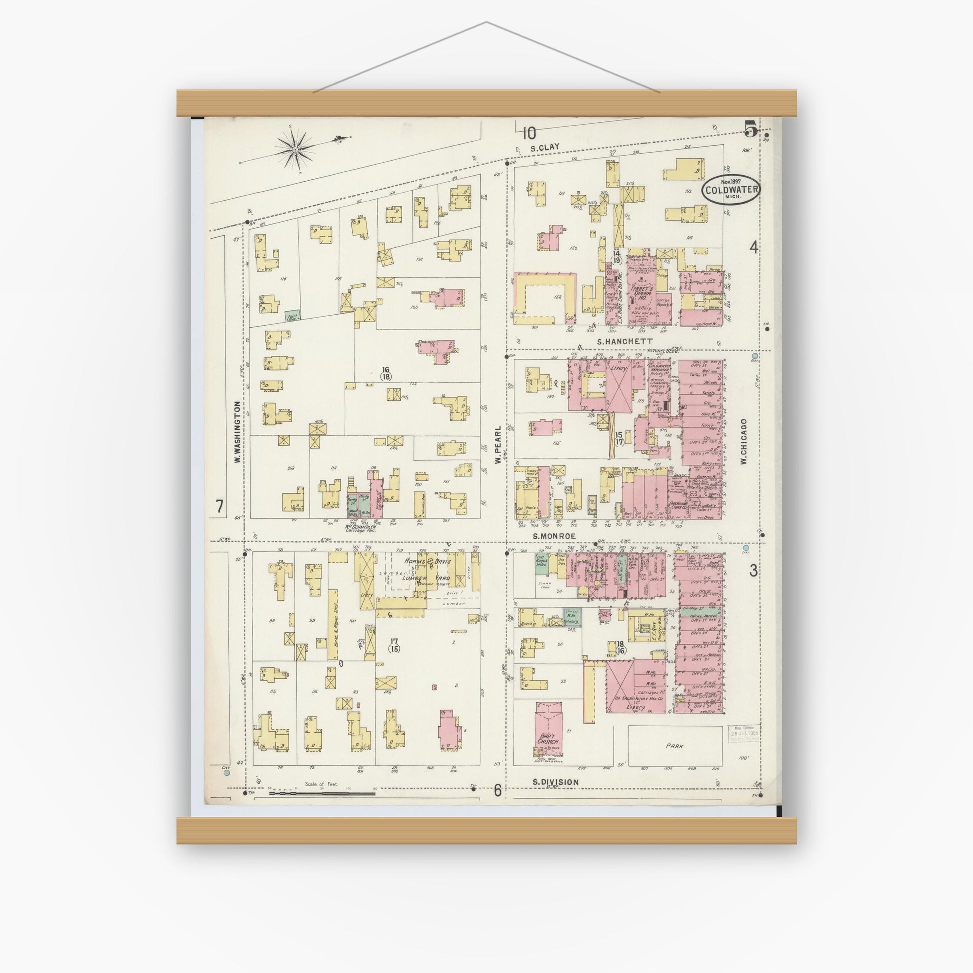 Old map wall art mockup — magnetic wood frame on white wall — Sanborn Fire Insurance Map from Coldwater, Branch County, Michigan (1897), Sheet #0005