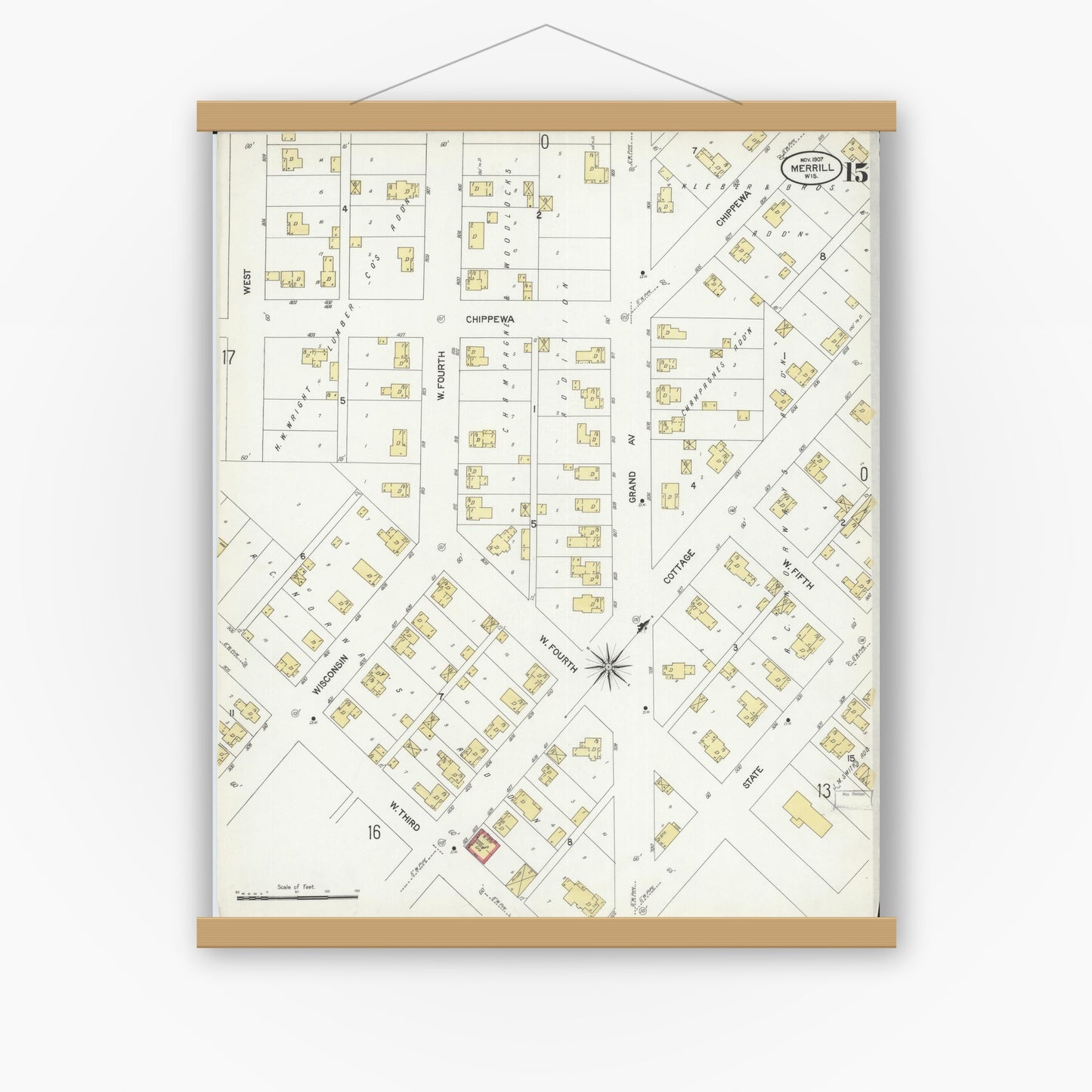 Old map wall art mockup — magnetic wood frame on white wall — Sanborn Fire Insurance Map from Merrill, Lincoln County, Wisconsin (1907), Sheet #0015