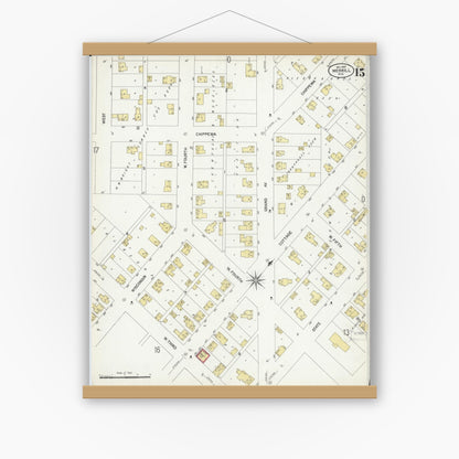 Old map wall art mockup — magnetic wood frame on white wall — Sanborn Fire Insurance Map from Merrill, Lincoln County, Wisconsin (1907), Sheet #0015