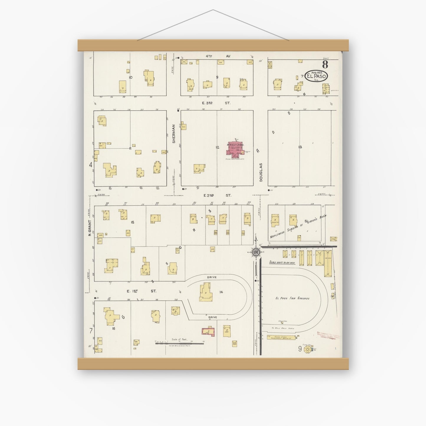 Old map wall art mockup — magnetic wood frame on white wall — Sanborn Fire Insurance Map from El Paso, Woodford County, Illinois (1922), Sheet #0008