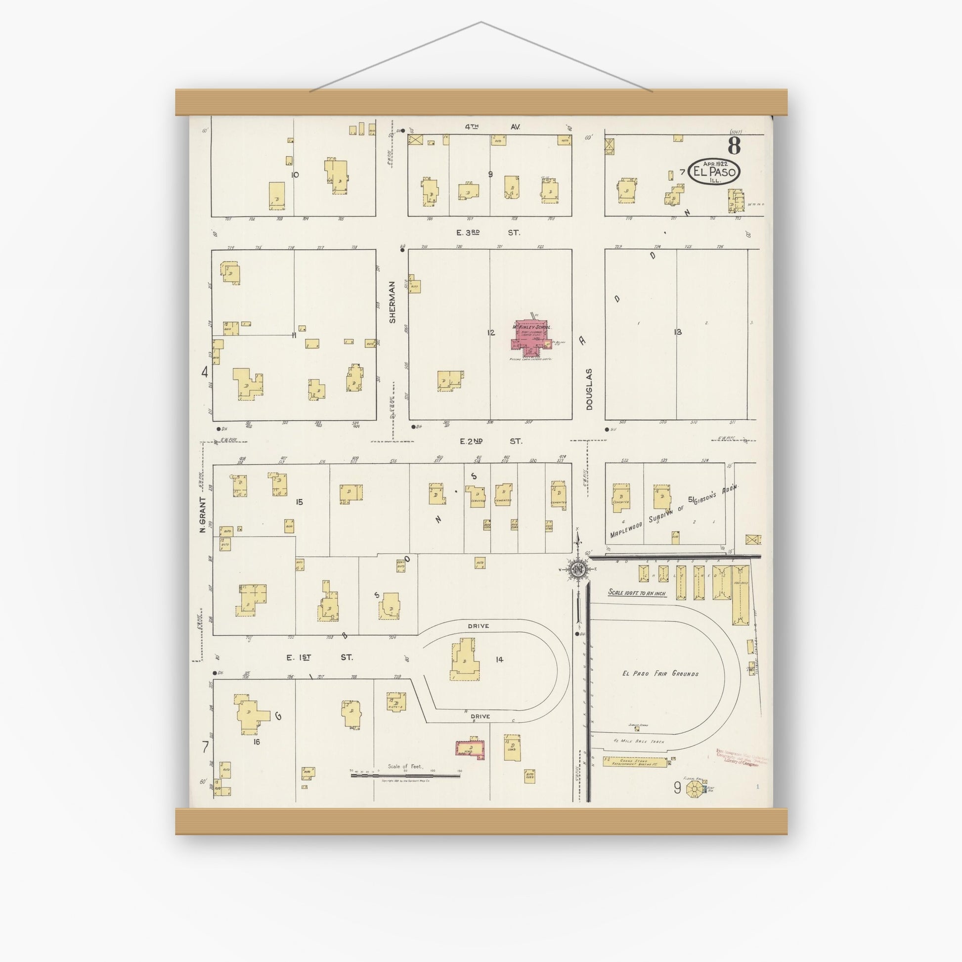 Old map wall art mockup — magnetic wood frame on white wall — Sanborn Fire Insurance Map from El Paso, Woodford County, Illinois (1922), Sheet #0008