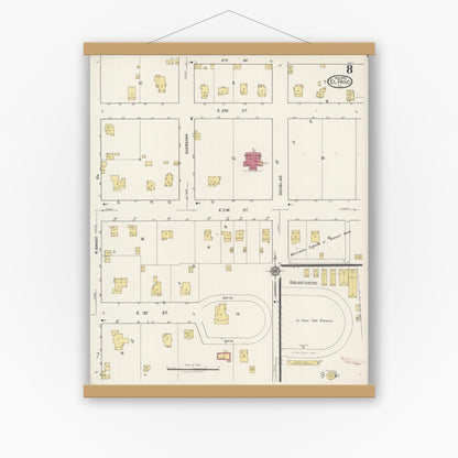 Old map wall art mockup — magnetic wood frame on white wall — Sanborn Fire Insurance Map from El Paso, Woodford County, Illinois (1922), Sheet #0008