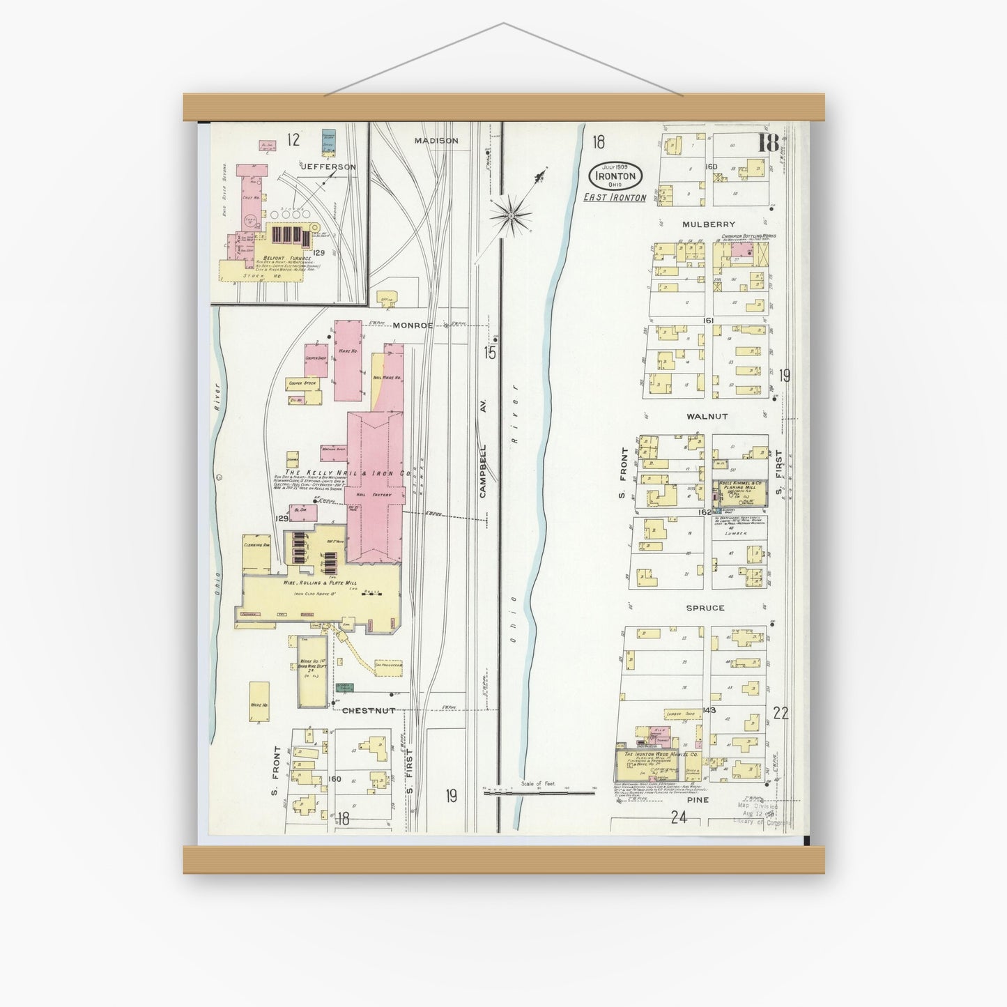 Old map wall art mockup — magnetic wood frame on white wall — Sanborn Fire Insurance Map from Ironton, Lawrence County, Ohio (1909), Sheet #0018