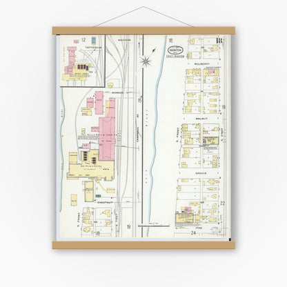 Old map wall art mockup — magnetic wood frame on white wall — Sanborn Fire Insurance Map from Ironton, Lawrence County, Ohio (1909), Sheet #0018