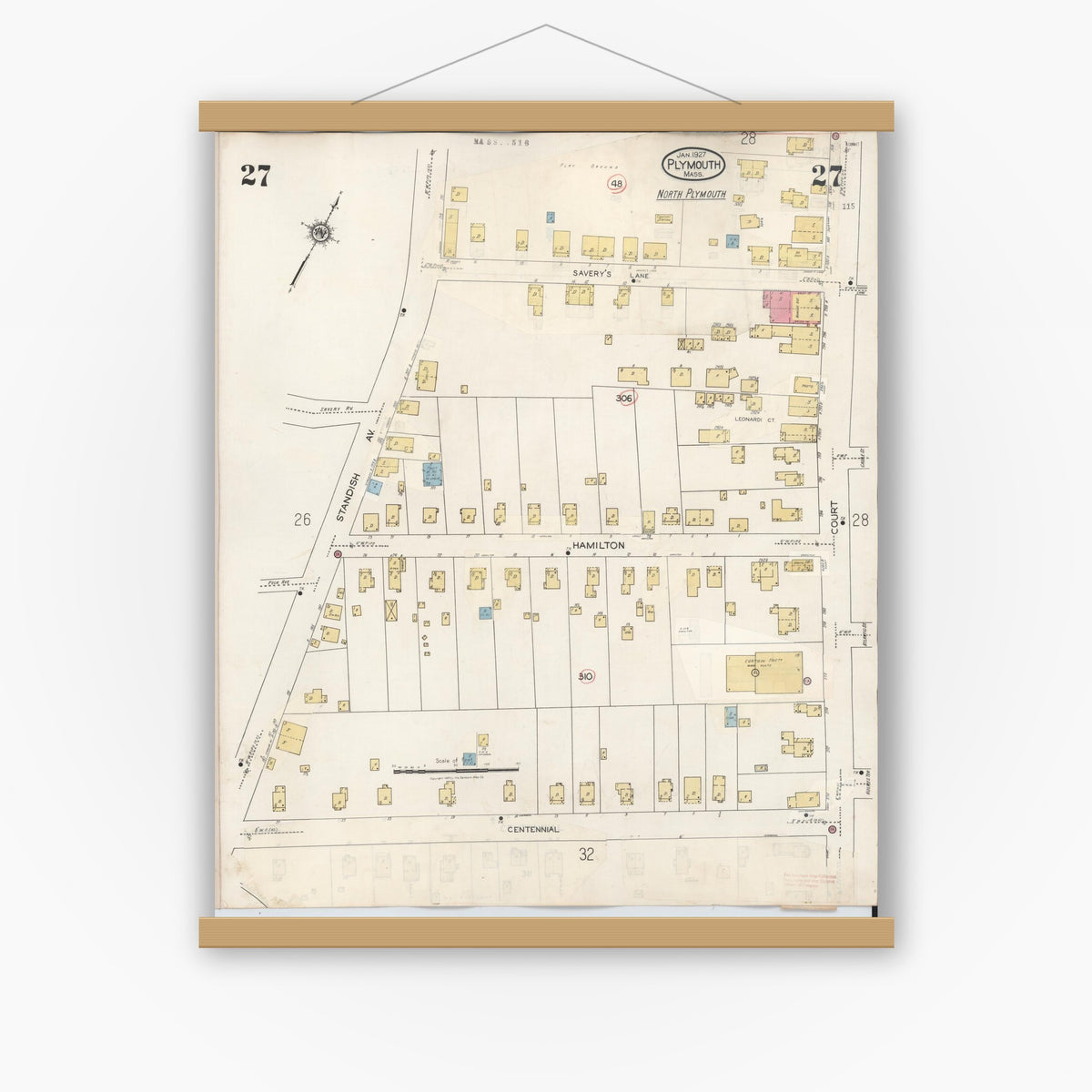 Old map wall art mockup — magnetic wood frame on white wall — Sanborn Fire Insurance Map from Plymouth, Plymouth County, Massachusetts (1948), Sheet #0027
