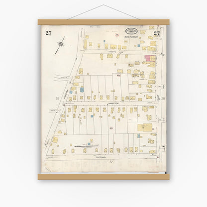 Old map wall art mockup — magnetic wood frame on white wall — Sanborn Fire Insurance Map from Plymouth, Plymouth County, Massachusetts (1948), Sheet #0027
