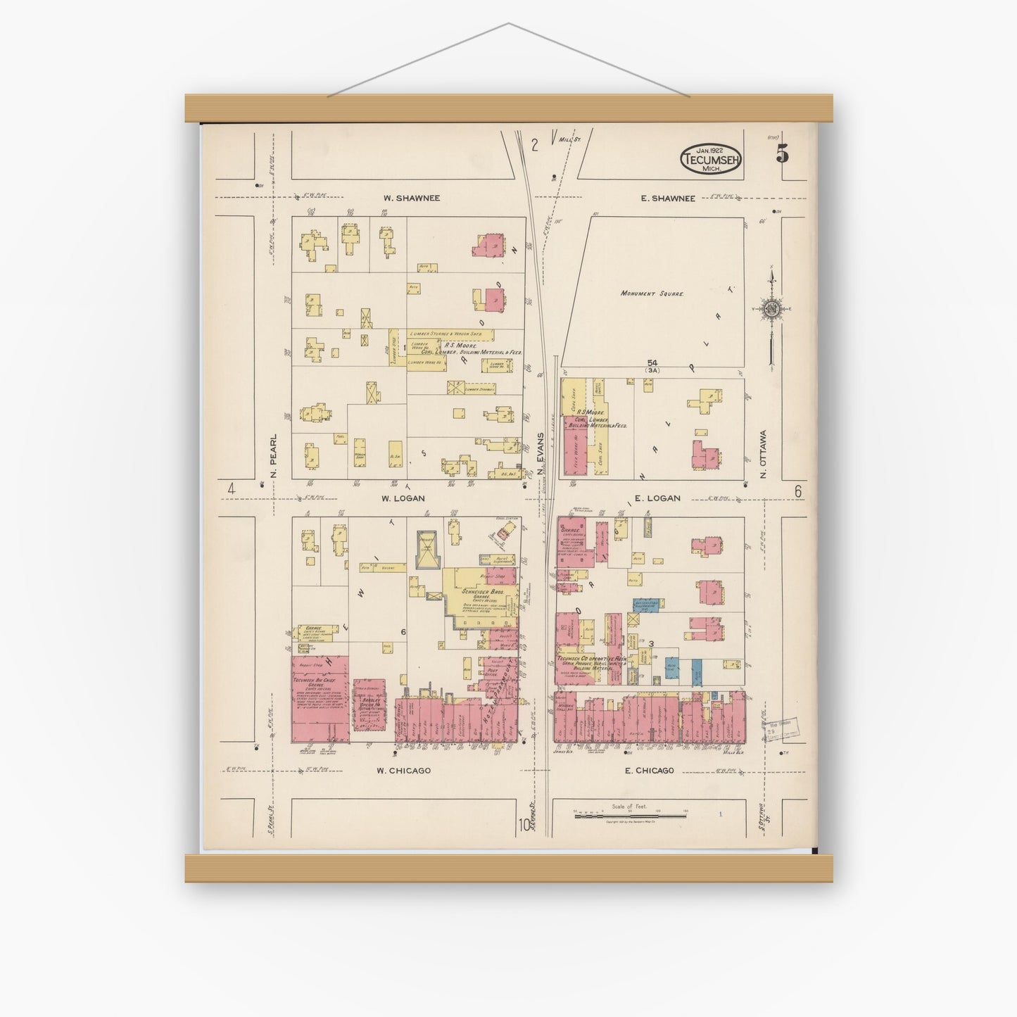 Old map wall art mockup — magnetic wood frame on white wall — Sanborn Fire Insurance Map from Tecumseh, Lenawee County, Michigan (1922), Sheet #0005