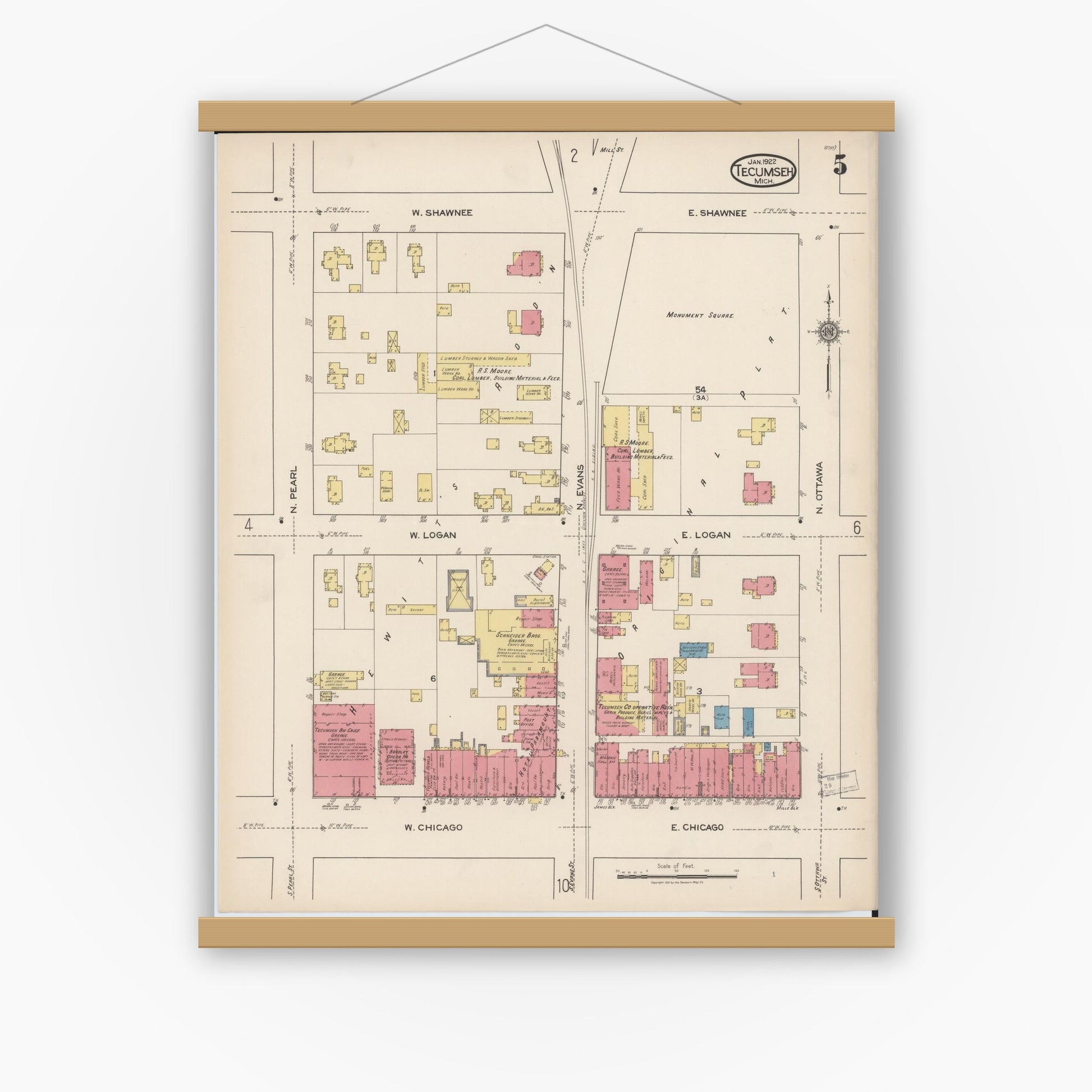 Old map wall art mockup — magnetic wood frame on white wall — Sanborn Fire Insurance Map from Tecumseh, Lenawee County, Michigan (1922), Sheet #0005