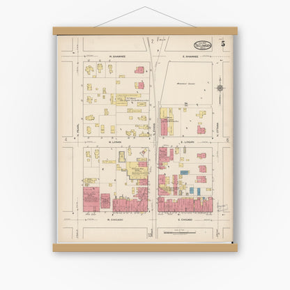 Old map wall art mockup — magnetic wood frame on white wall — Sanborn Fire Insurance Map from Tecumseh, Lenawee County, Michigan (1922), Sheet #0005