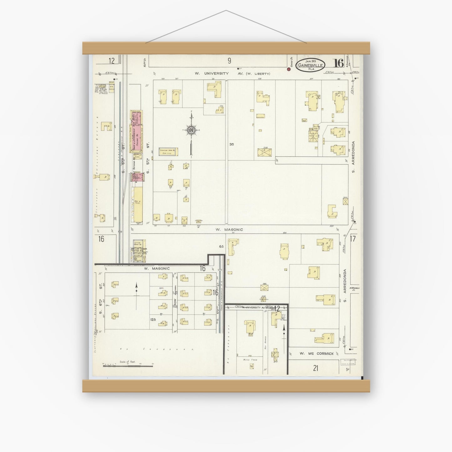 Old map wall art mockup — magnetic wood frame on white wall — Sanborn Fire Insurance Map from Gainesville, Alachua County, Florida (1913), Sheet #0016