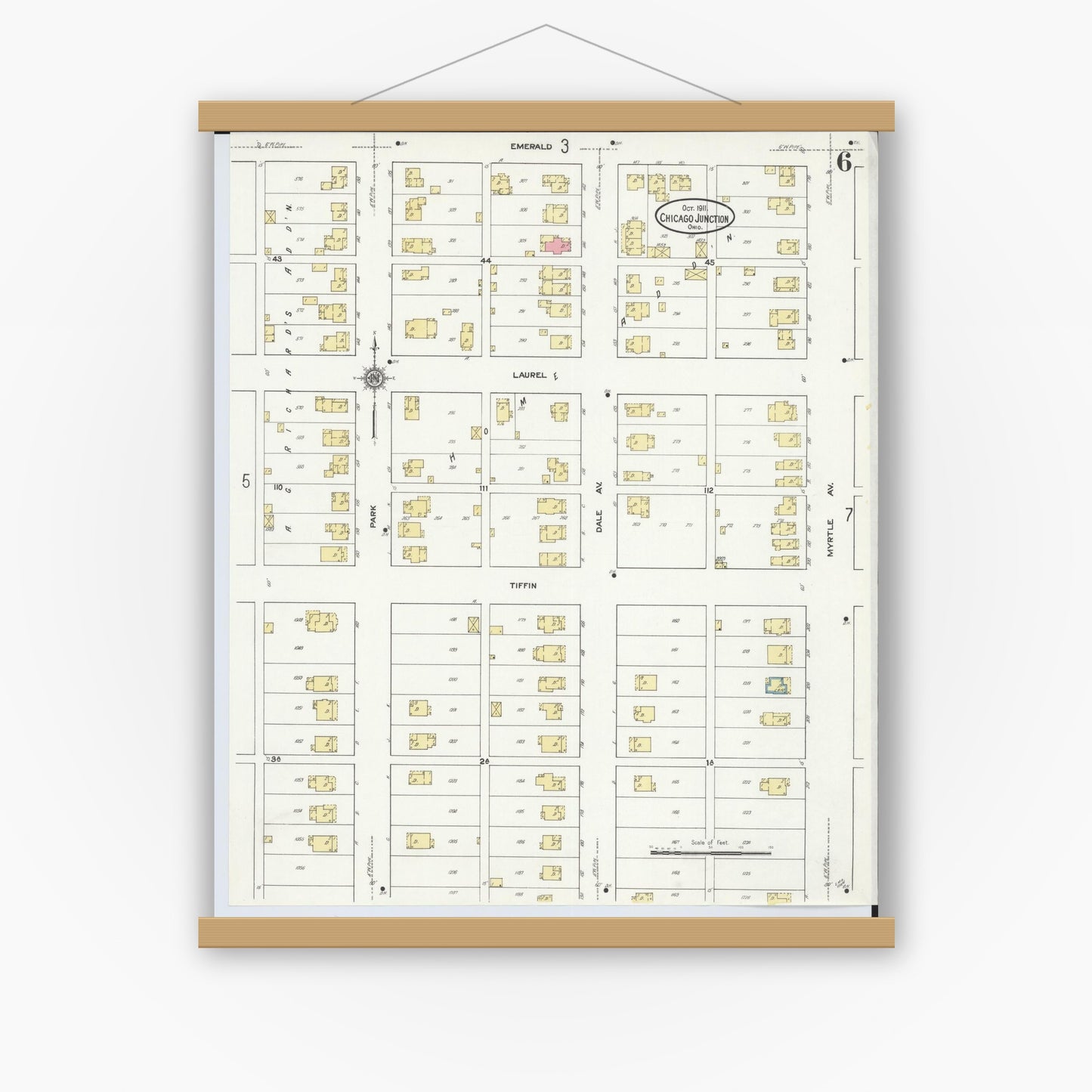 Old map wall art mockup — magnetic wood frame on white wall — Sanborn Fire Insurance Map from Chicago Junction, Huron County, Ohio (1911), Sheet #0006