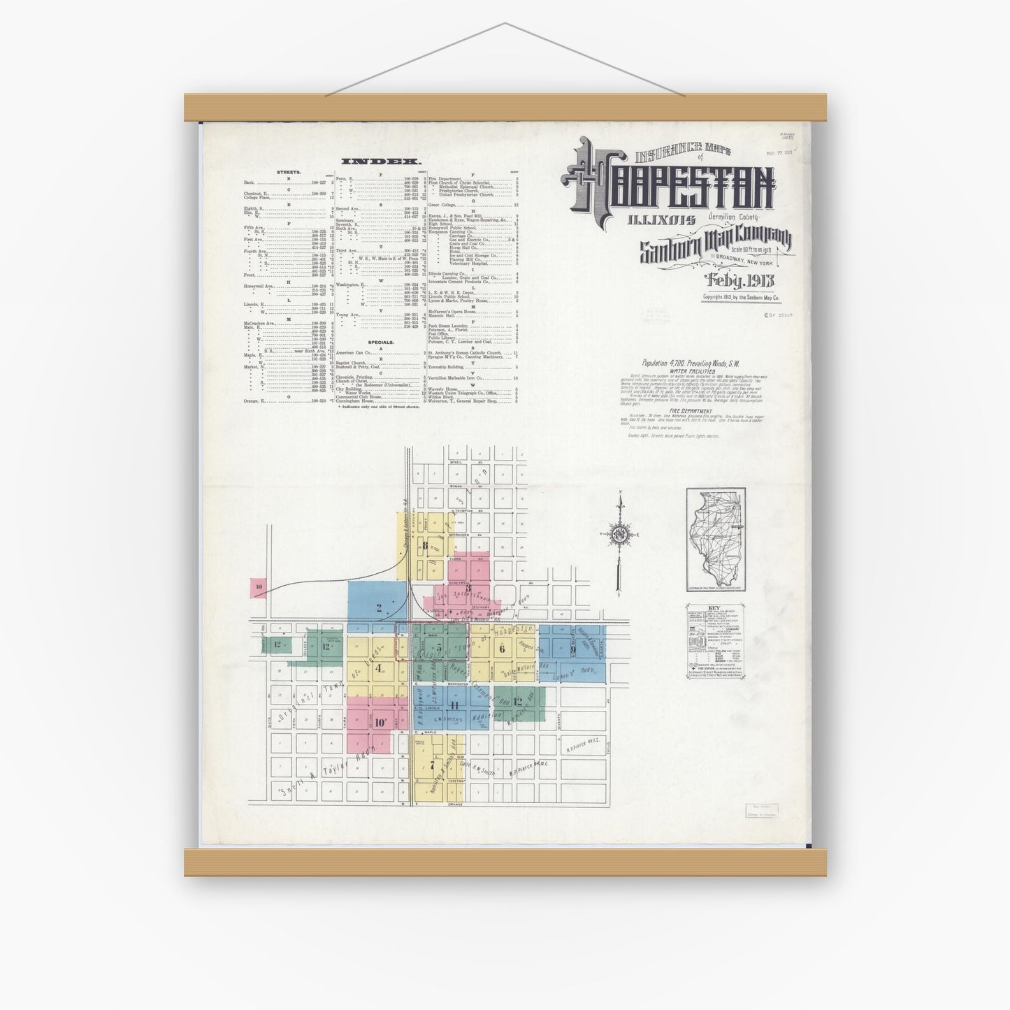 Old map wall art mockup — magnetic wood frame on white wall — Sanborn Fire Insurance Map from Hoopeston, Vermilion County, Illinois (1913) - Complete Map Set