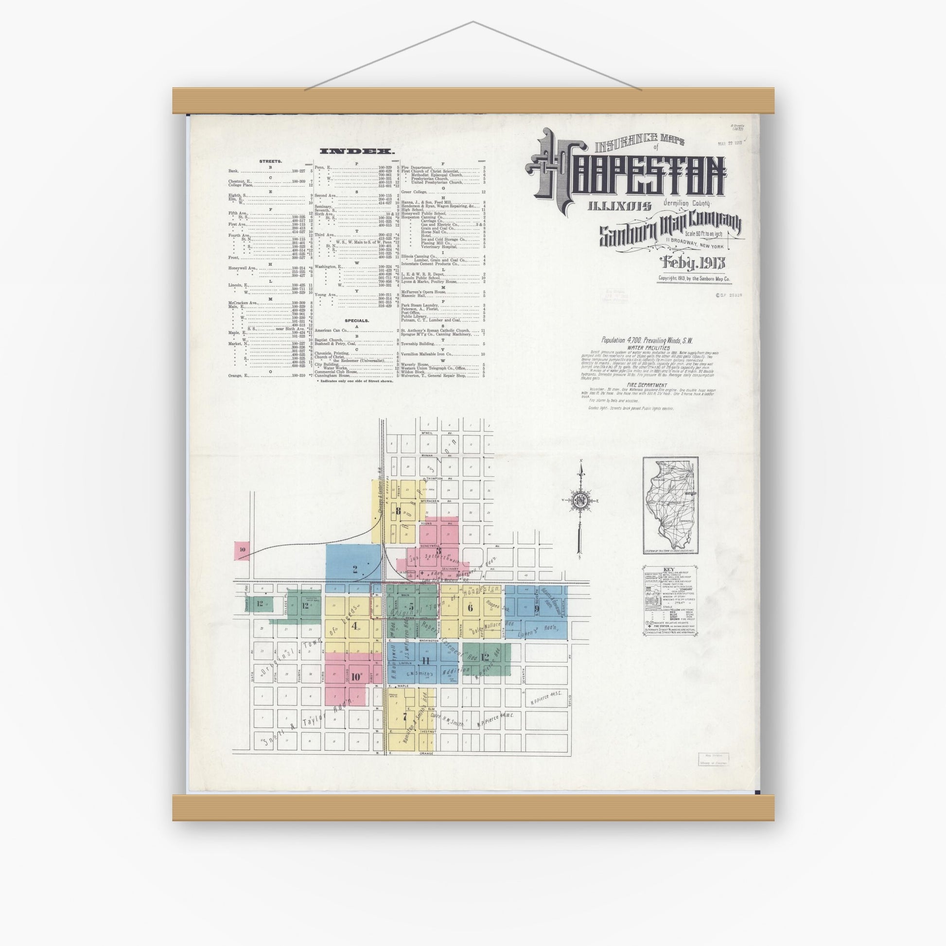 Old map wall art mockup — magnetic wood frame on white wall — Sanborn Fire Insurance Map from Hoopeston, Vermilion County, Illinois (1913) - Complete Map Set