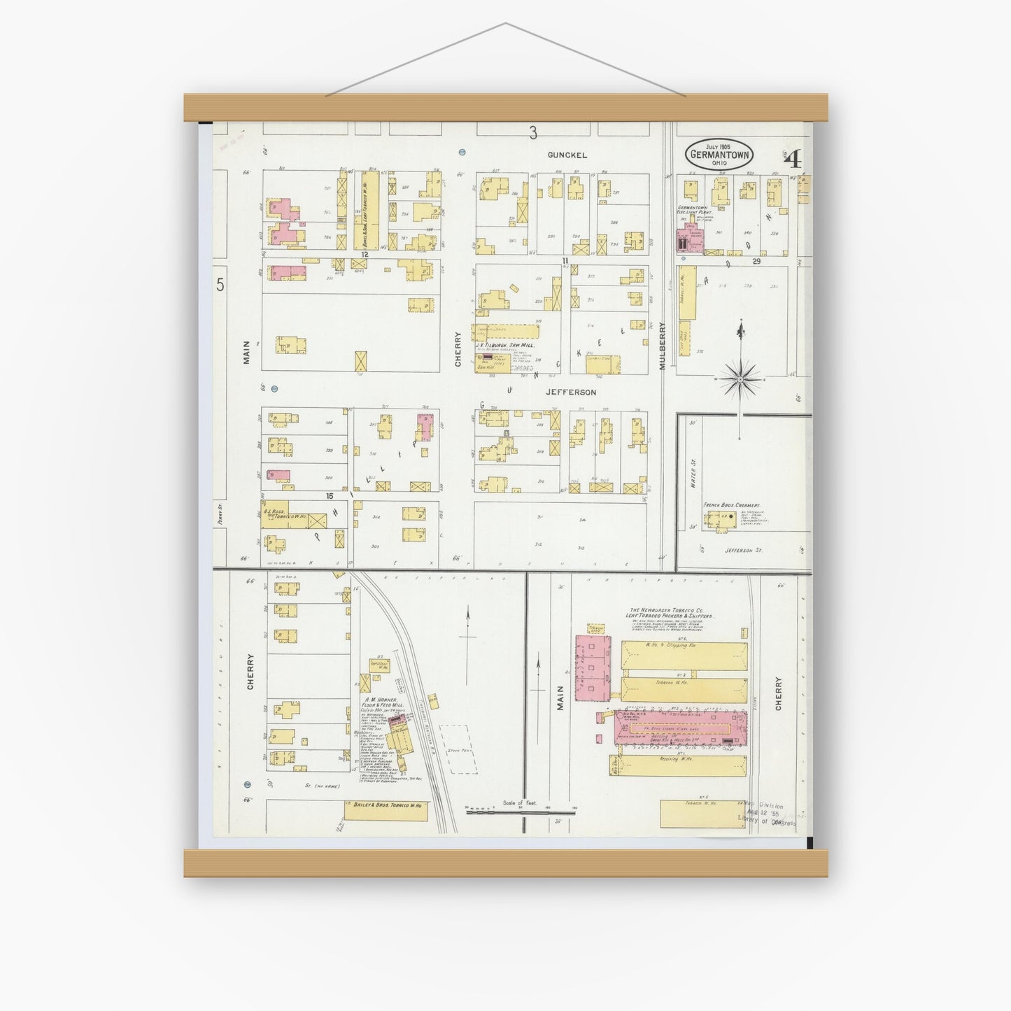 Old map wall art mockup — magnetic wood frame on white wall — Sanborn Fire Insurance Map from Germantown, Montgomery County, Ohio (1905), Sheet #0004