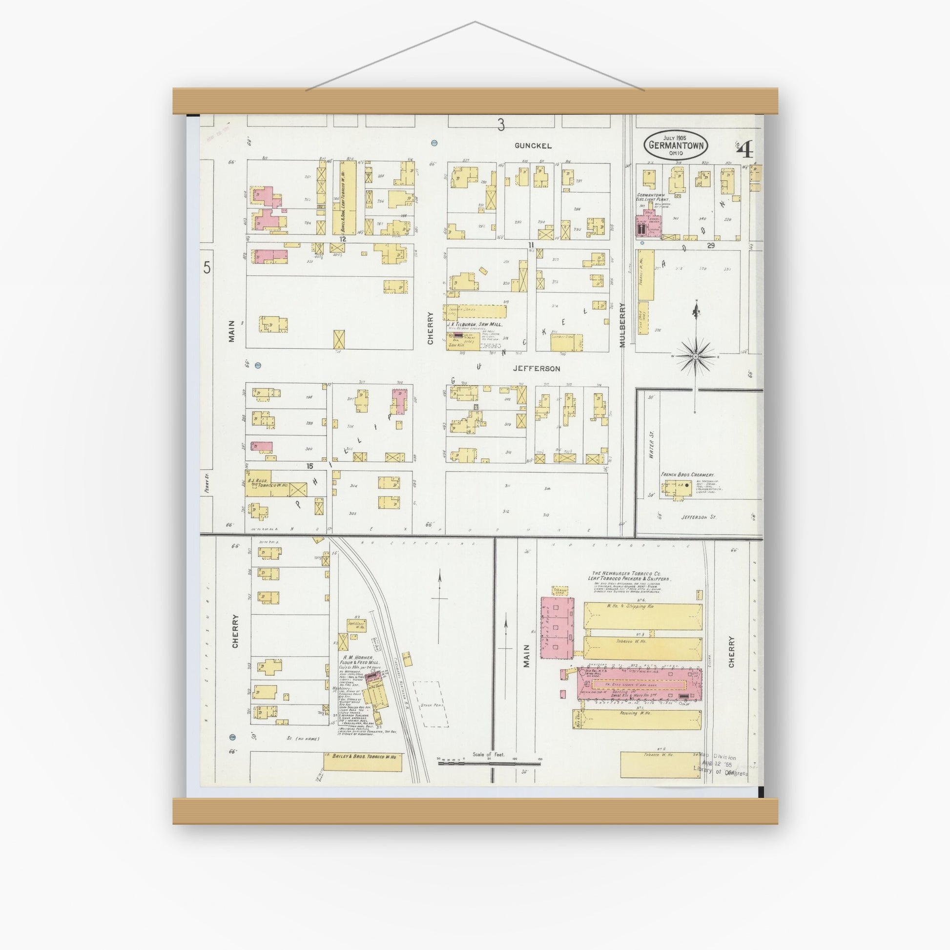 Old map wall art mockup — magnetic wood frame on white wall — Sanborn Fire Insurance Map from Germantown, Montgomery County, Ohio (1905), Sheet #0004