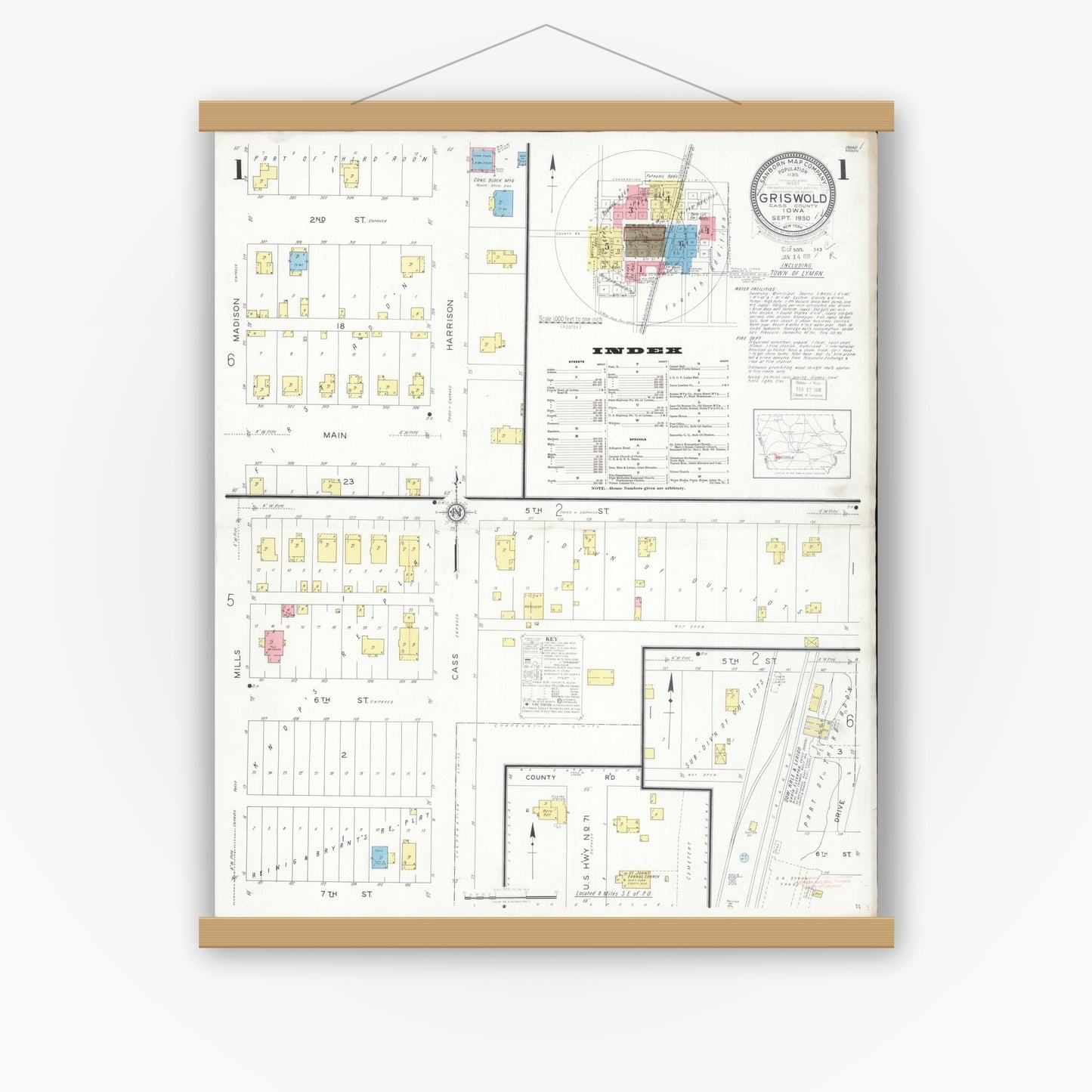 Old map wall art mockup — magnetic wood frame on white wall — Sanborn Fire Insurance Map from Griswold, Cass County, Iowa (1930), Sheet #0001