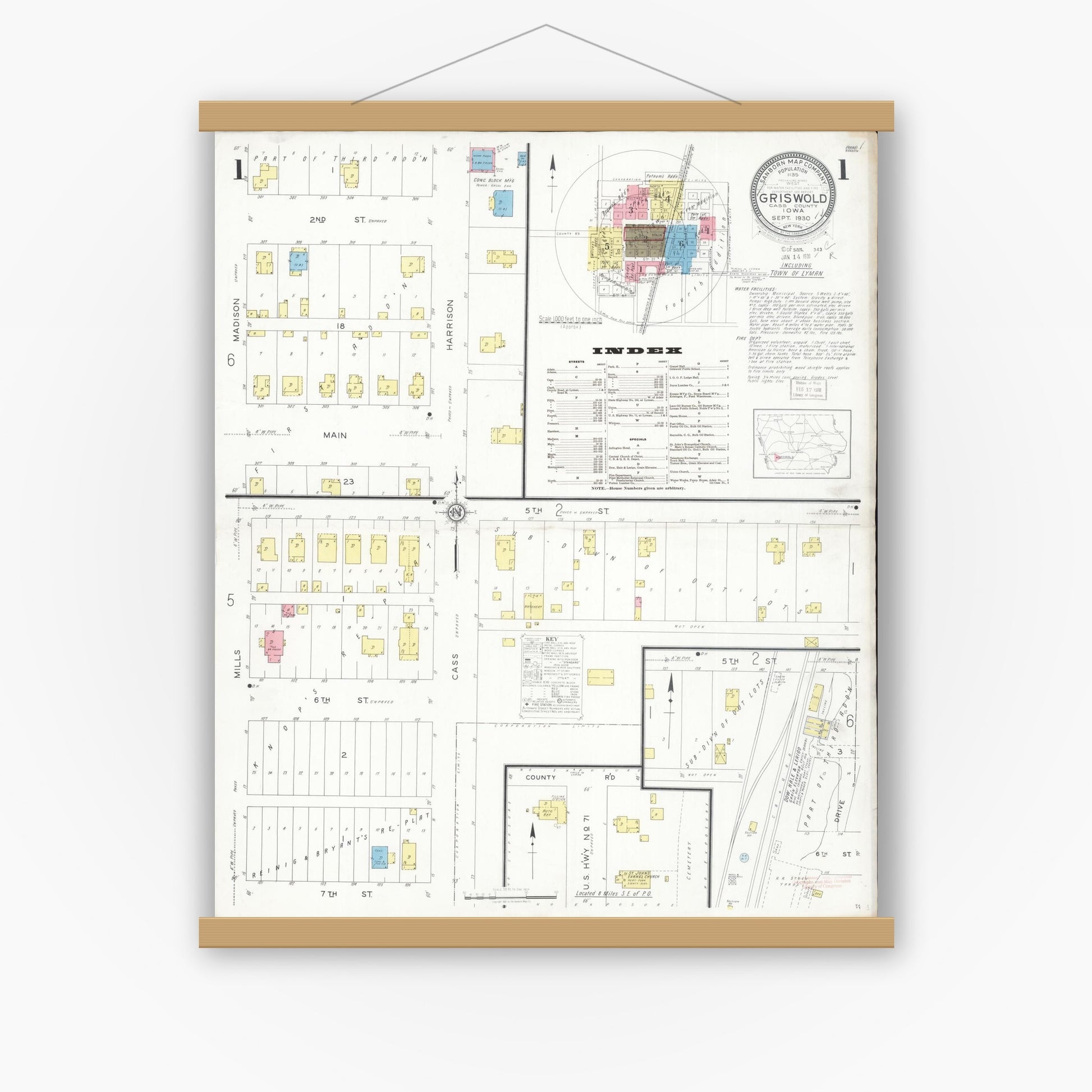 Old map wall art mockup — magnetic wood frame on white wall — Sanborn Fire Insurance Map from Griswold, Cass County, Iowa (1930), Sheet #0001