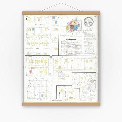 Old map wall art mockup — magnetic wood frame on white wall — Sanborn Fire Insurance Map from Griswold, Cass County, Iowa (1930), Sheet #0001