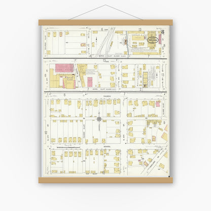 Old map wall art mockup — magnetic wood frame on white wall — Sanborn Fire Insurance Map from Indiana, Indiana County, Pennsylvania (1916), Sheet #0008