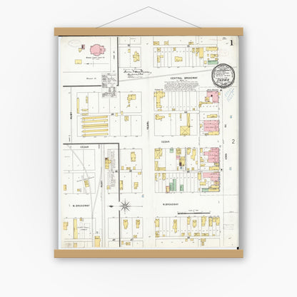 Old map wall art mockup — magnetic wood frame on white wall — Sanborn Fire Insurance Map from Onawa, Monona County, Iowa (1899) â€” Complete Set