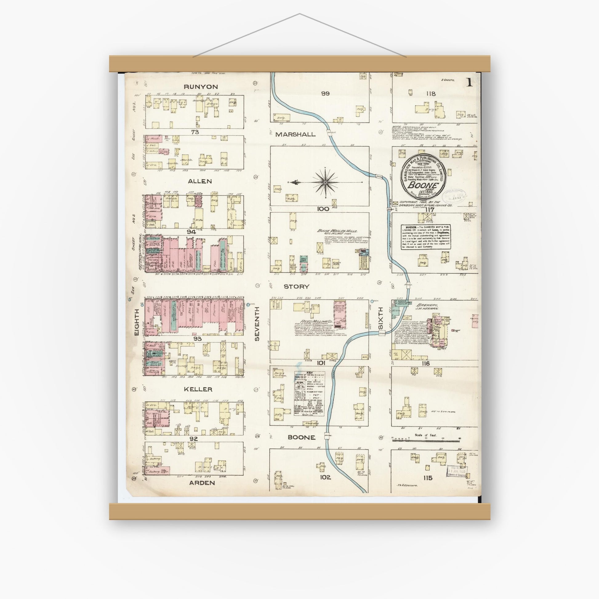 Old map wall art mockup — magnetic wood frame on white wall — Sanborn Fire Insurance Map from Boone, Boone County, Iowa (1883) â€” Complete Set