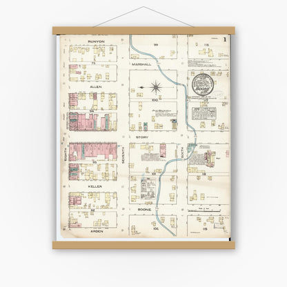 Old map wall art mockup — magnetic wood frame on white wall — Sanborn Fire Insurance Map from Boone, Boone County, Iowa (1883) â€” Complete Set