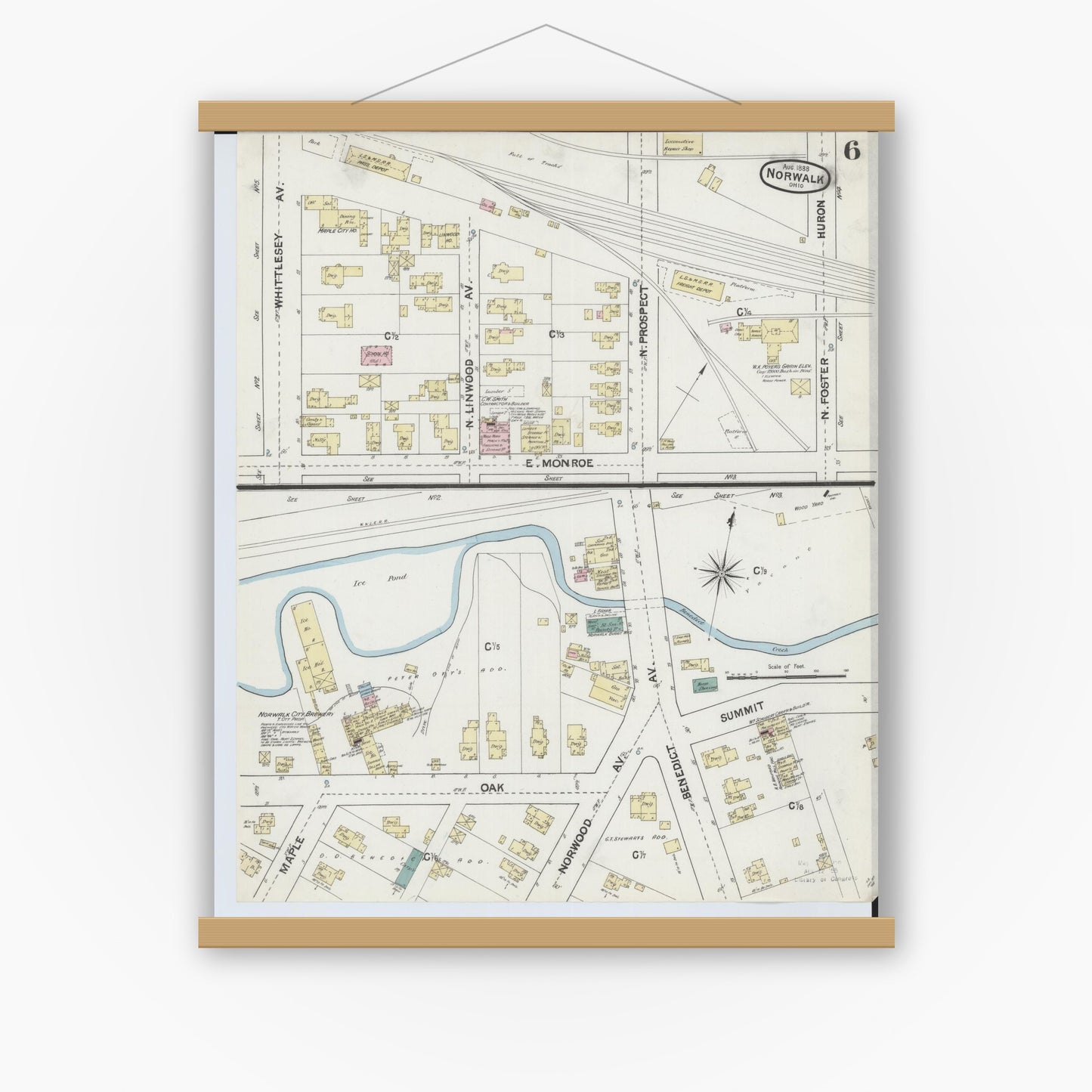 Old map wall art mockup — magnetic wood frame on white wall — Sanborn Fire Insurance Map from Norwalk, Huron County, Ohio (1888), Sheet #0006