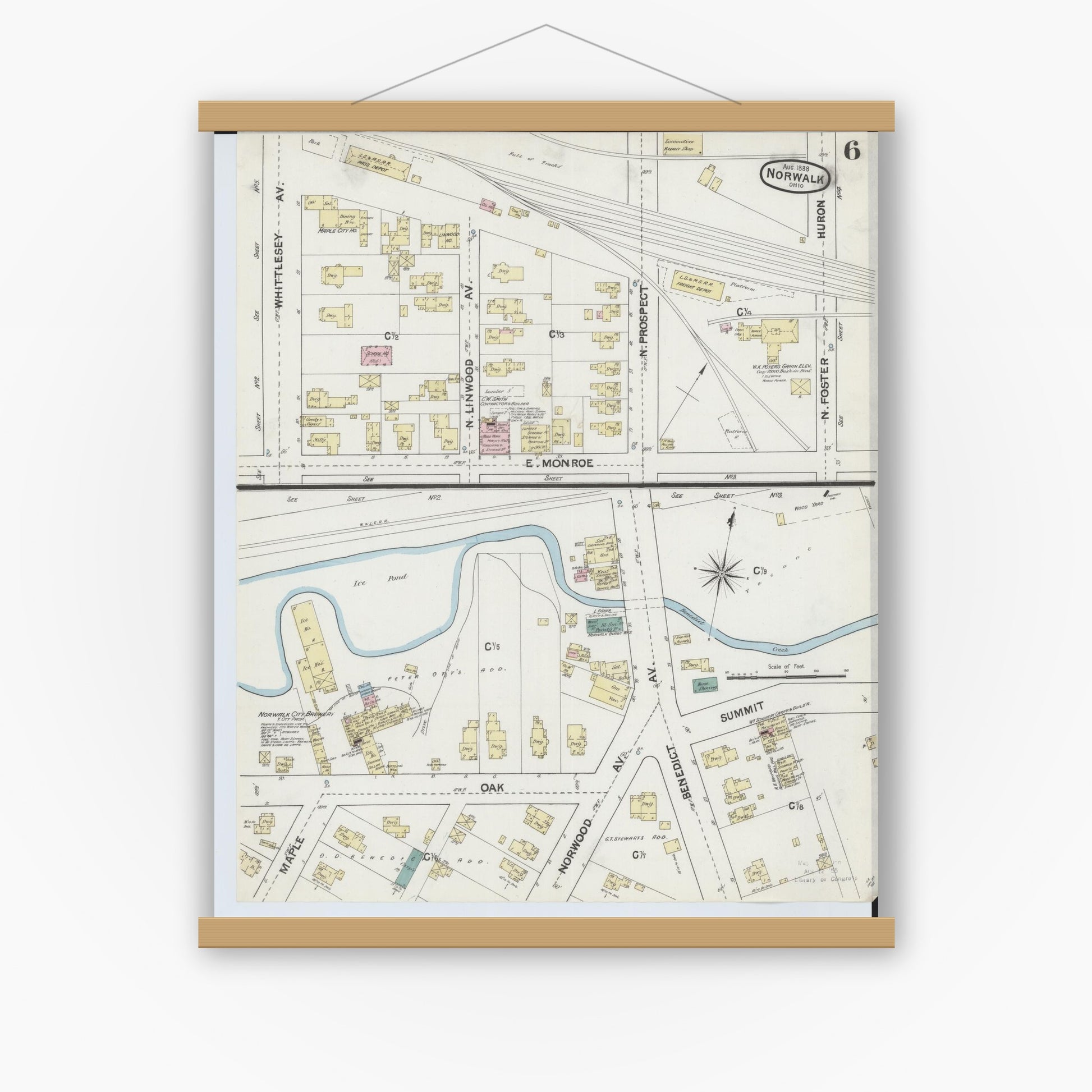 Old map wall art mockup — magnetic wood frame on white wall — Sanborn Fire Insurance Map from Norwalk, Huron County, Ohio (1888), Sheet #0006