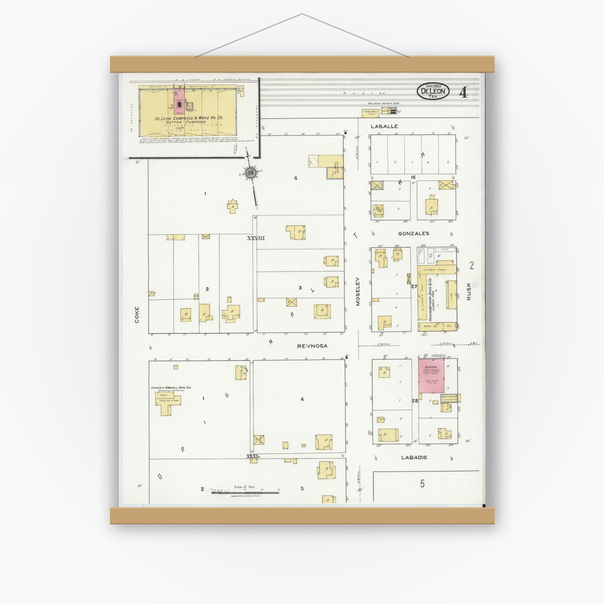 Old map wall art mockup — magnetic wood frame on white wall — Sanborn Fire Insurance Map from De Leon, Comanche County, Texas (1920), Sheet #0004