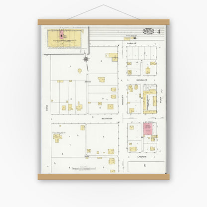 Old map wall art mockup — magnetic wood frame on white wall — Sanborn Fire Insurance Map from De Leon, Comanche County, Texas (1920), Sheet #0004