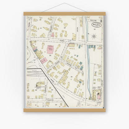 Old map wall art mockup — magnetic wood frame on white wall — Sanborn Fire Insurance Map from Malden, Middlesex County, Massachusetts (1887), Sheet #0005