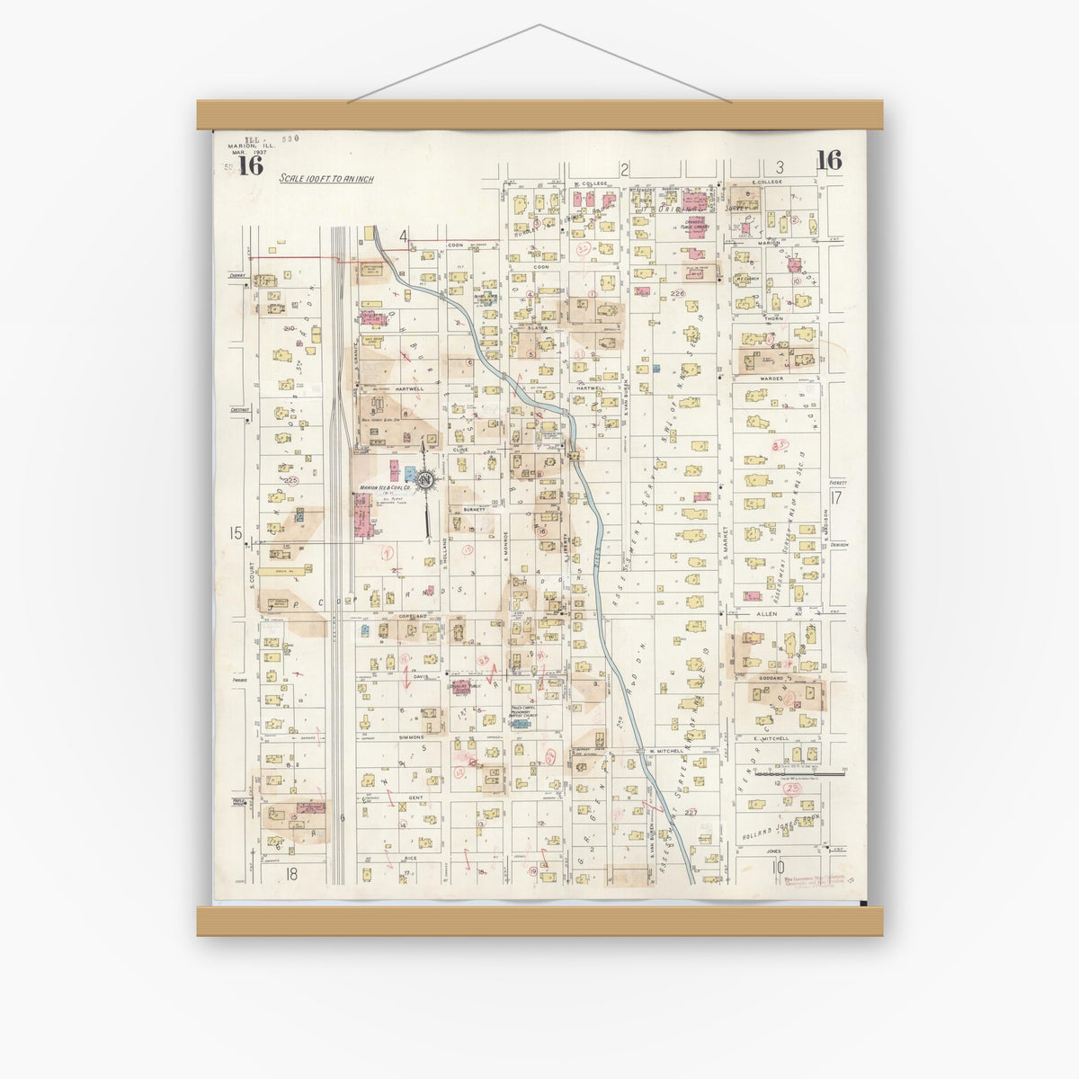 Old map wall art mockup — magnetic wood frame on white wall — Sanborn Fire Insurance Map from Marion, Williamson County, Illinois (1946), Sheet #0016