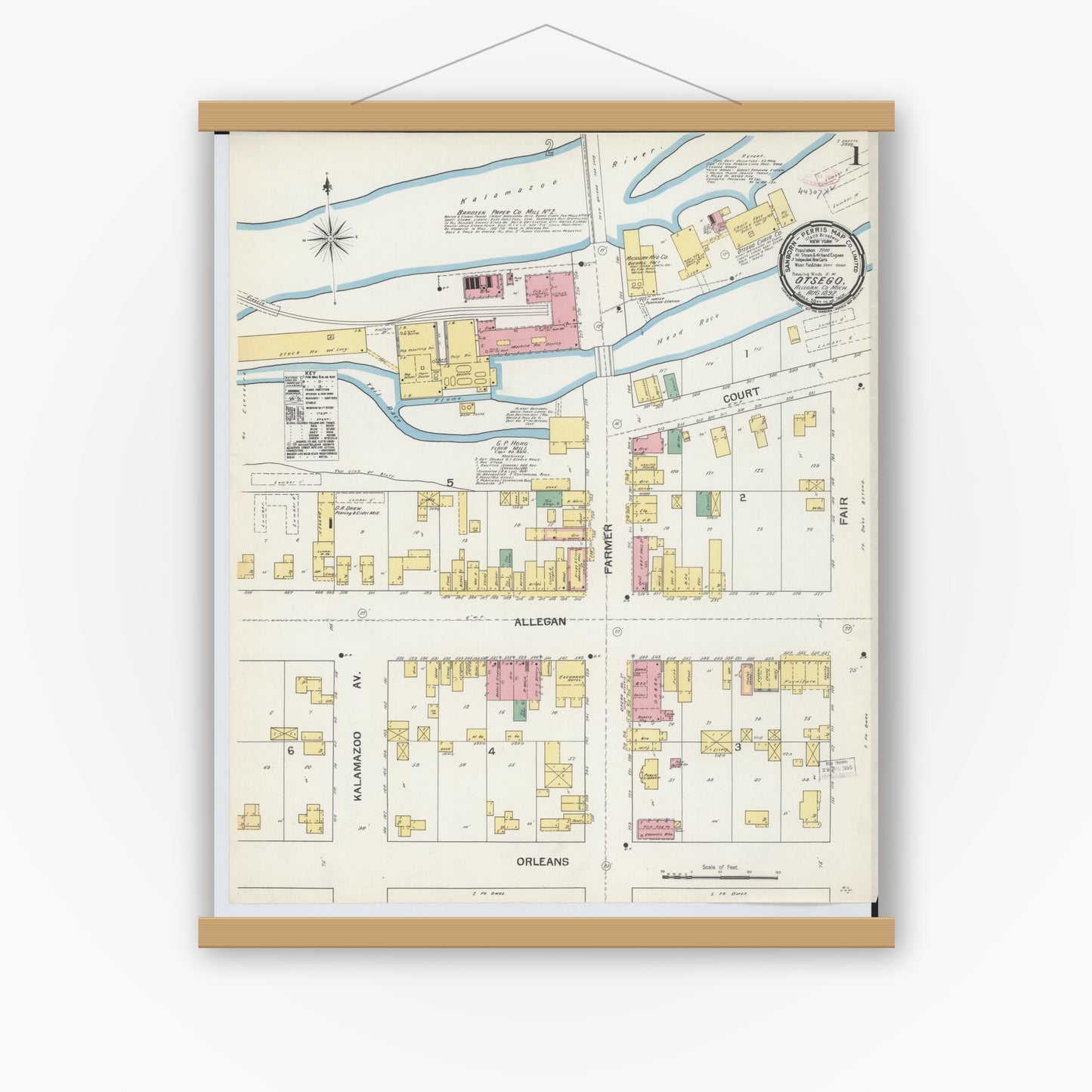 Old map wall art mockup — magnetic wood frame on white wall — Sanborn Fire Insurance Map from Otsego, Allegan County, Michigan (1892), Sheet #0001