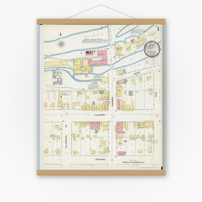 Old map wall art mockup — magnetic wood frame on white wall — Sanborn Fire Insurance Map from Otsego, Allegan County, Michigan (1892), Sheet #0001