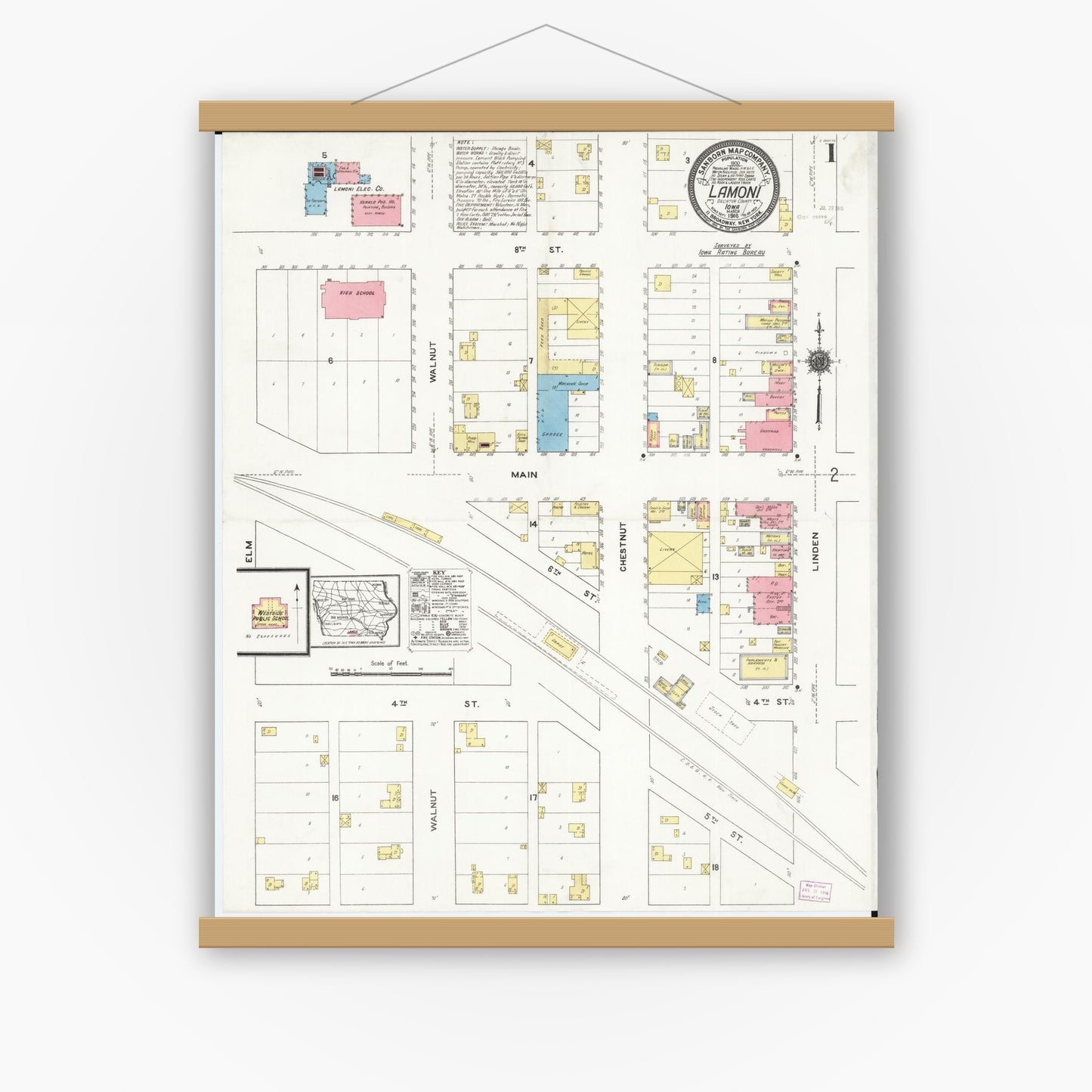 Old map wall art mockup — magnetic wood frame on white wall — Sanborn Fire Insurance Map from Lamoni, Decatur County, Iowa (1916) â€” Complete Set