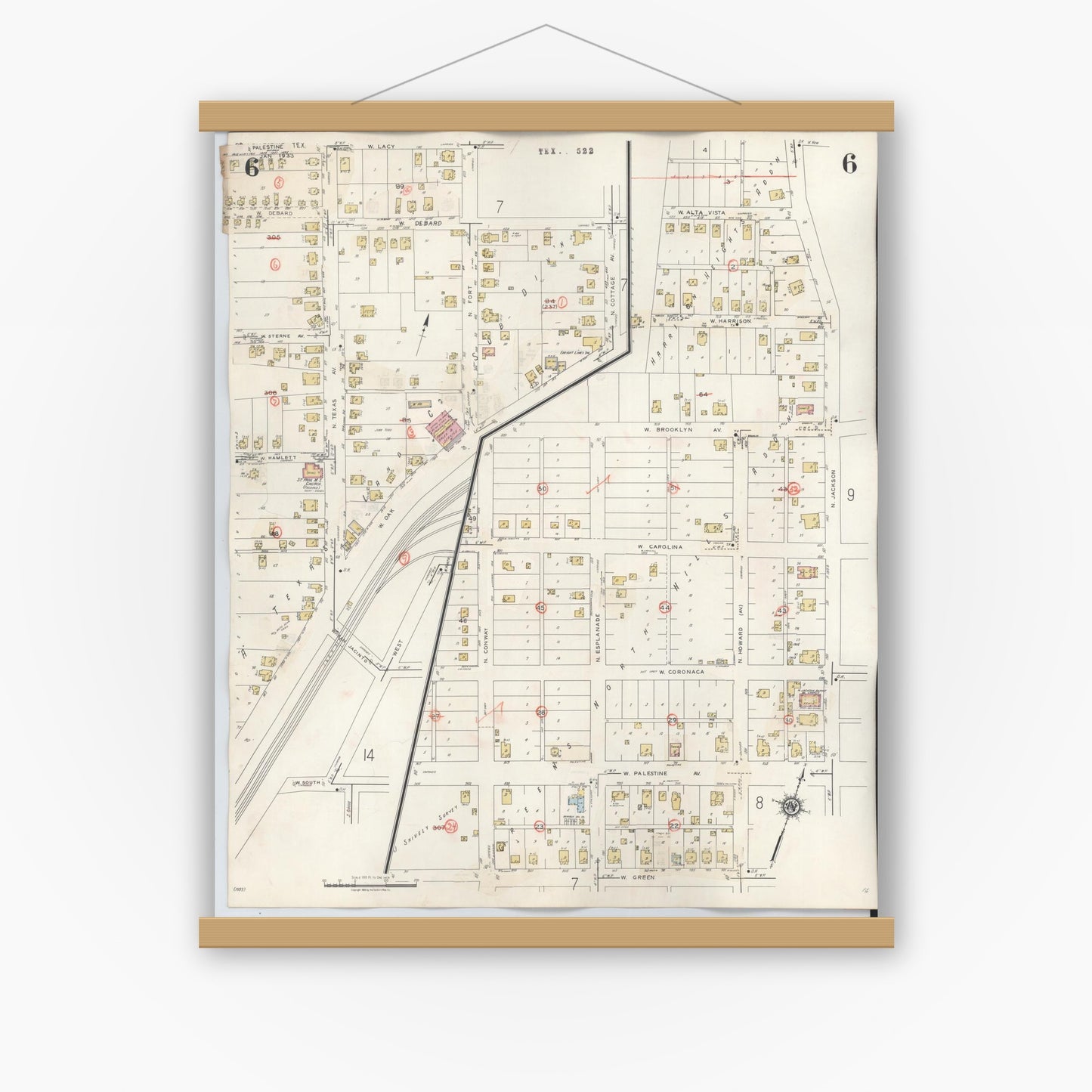 Old map wall art mockup — magnetic wood frame on white wall — Sanborn Fire Insurance Map from Palestine, Anderson County, Texas (1949), Sheet #0006