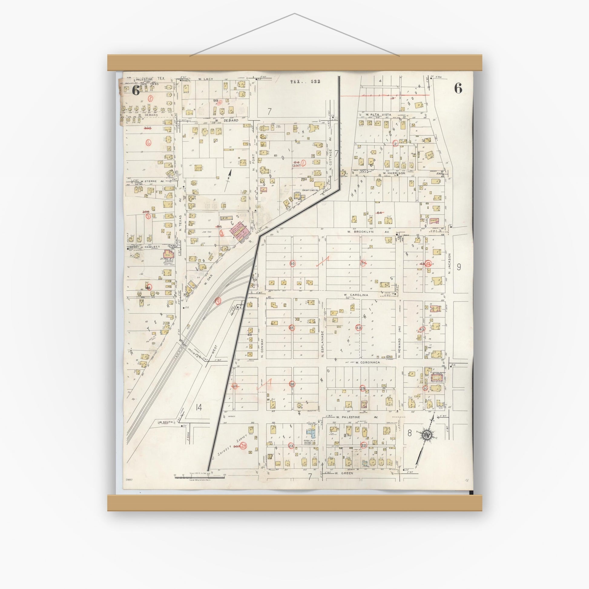 Old map wall art mockup — magnetic wood frame on white wall — Sanborn Fire Insurance Map from Palestine, Anderson County, Texas (1949), Sheet #0006
