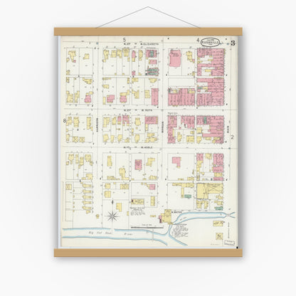 Old map wall art mockup — magnetic wood frame on white wall — Sanborn Fire Insurance Map from Rushville, Rush County, Indiana (1896), Sheet #0003