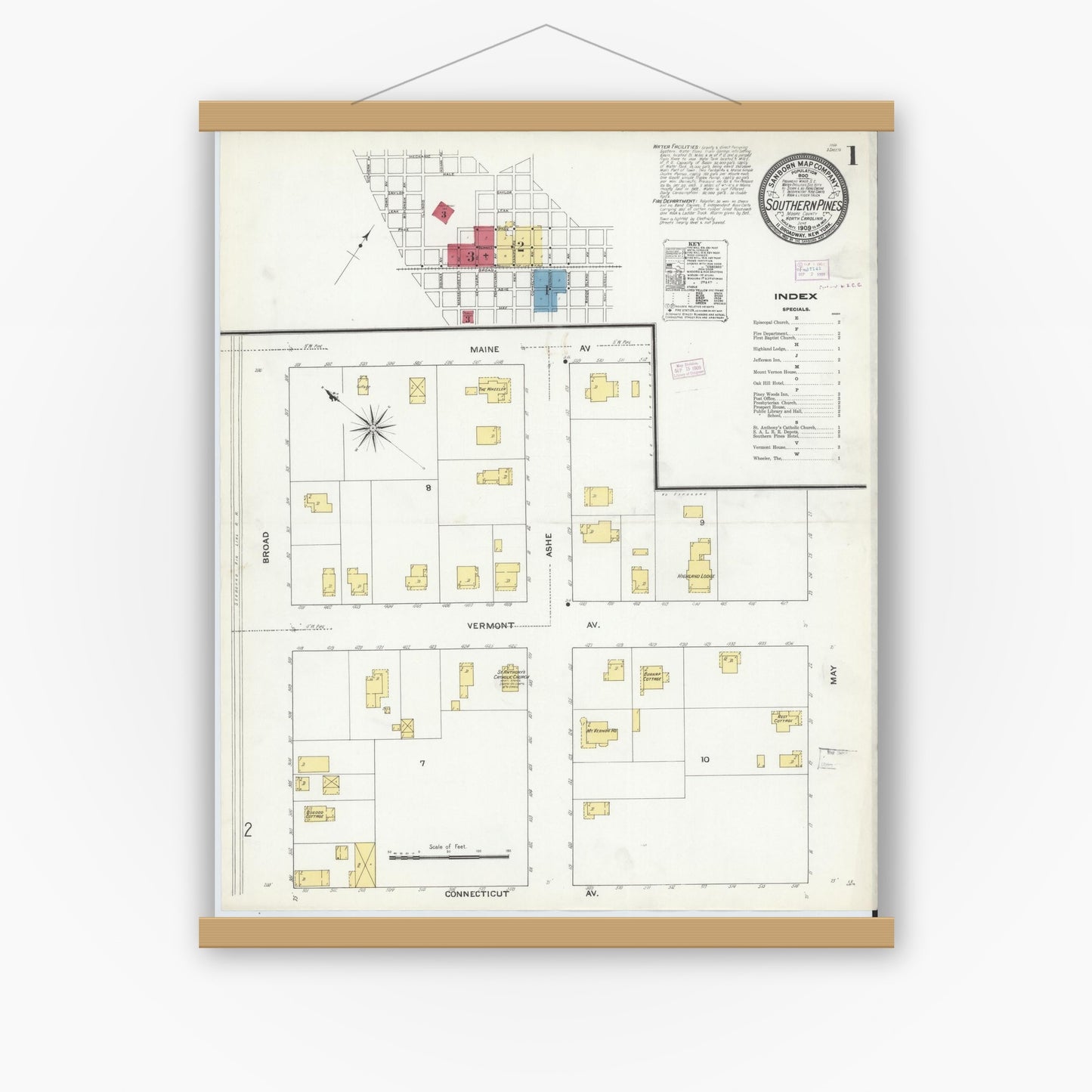 Old map wall art mockup — magnetic wood frame on white wall — Sanborn Fire Insurance Map from Southern Pines, Moore County, North Carolina (1909), Sheet #0001