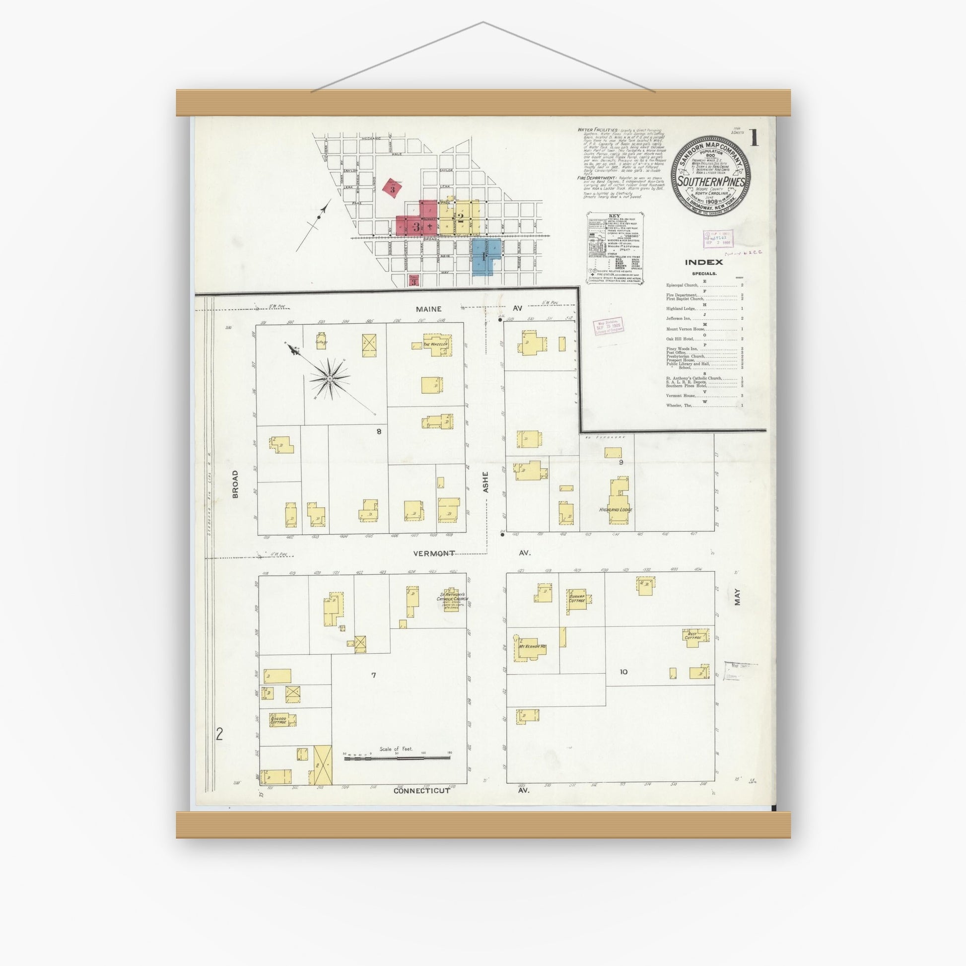 Old map wall art mockup — magnetic wood frame on white wall — Sanborn Fire Insurance Map from Southern Pines, Moore County, North Carolina (1909), Sheet #0001