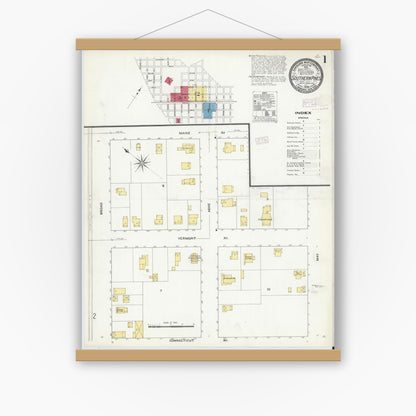 Old map wall art mockup — magnetic wood frame on white wall — Sanborn Fire Insurance Map from Southern Pines, Moore County, North Carolina (1909), Sheet #0001