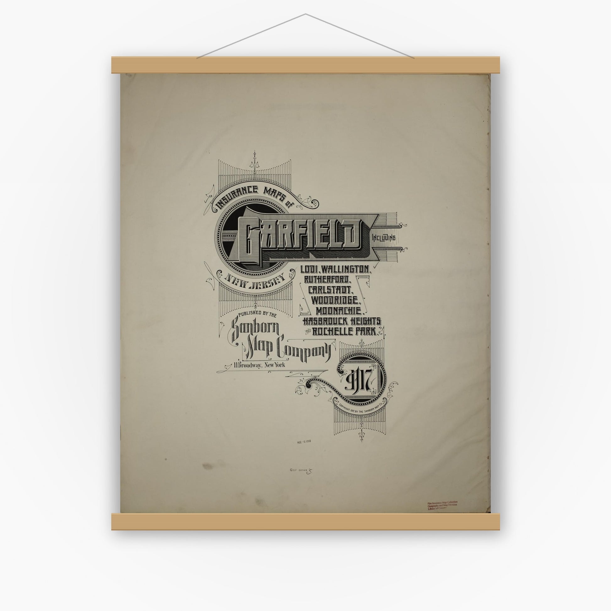 Old map wall art mockup — magnetic wood frame on white wall — Sanborn Fire Insurance Map from Garfield, Bergen County, New Jersey (1917), Sheet #0001