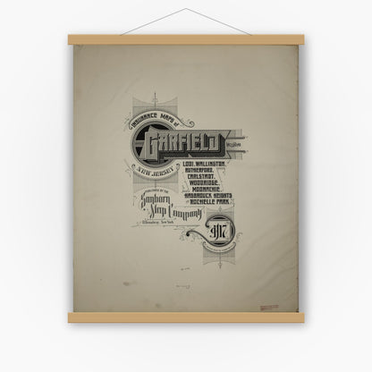 Old map wall art mockup — magnetic wood frame on white wall — Sanborn Fire Insurance Map from Garfield, Bergen County, New Jersey (1917), Sheet #0001