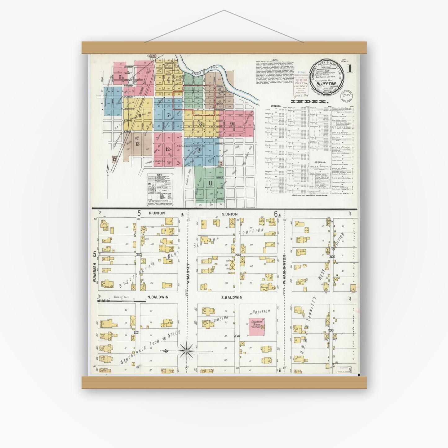 Old map wall art mockup — magnetic wood frame on white wall — Sanborn Fire Insurance Map from Bluffton, Wells County, Indiana (1900) - Complete Map Set