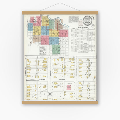 Old map wall art mockup — magnetic wood frame on white wall — Sanborn Fire Insurance Map from Bluffton, Wells County, Indiana (1900) - Complete Map Set