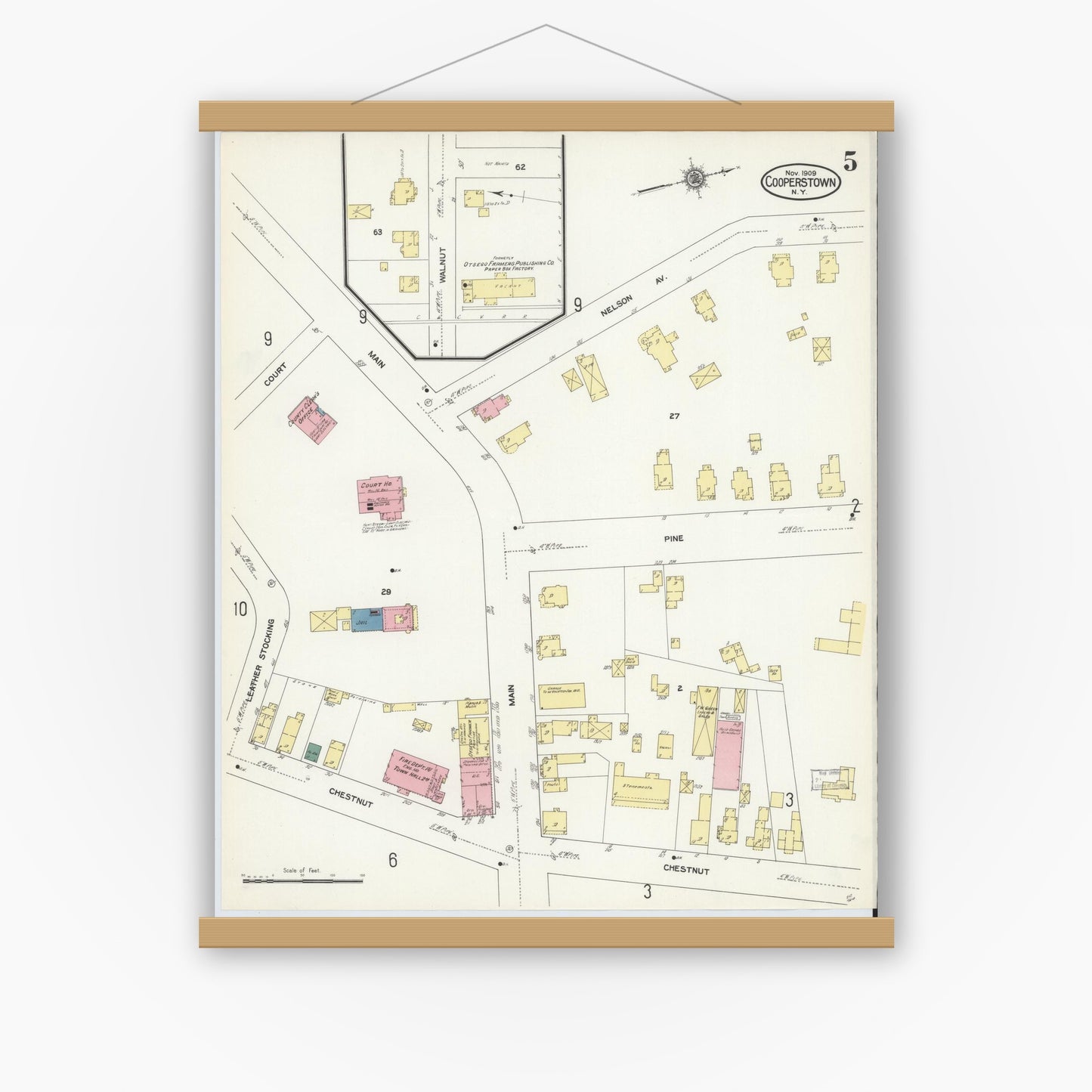 Old map wall art mockup — magnetic wood frame on white wall — Sanborn Fire Insurance Map from Cooperstown, Otsego County, New York (1909), Sheet #0005