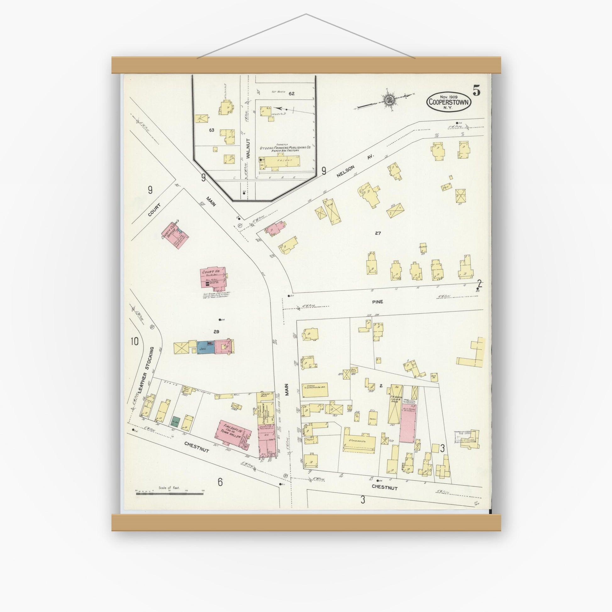 Old map wall art mockup — magnetic wood frame on white wall — Sanborn Fire Insurance Map from Cooperstown, Otsego County, New York (1909), Sheet #0005