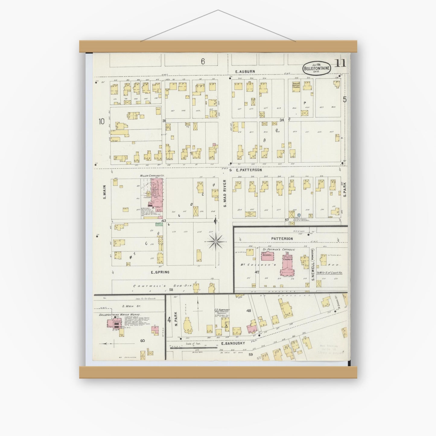 Old map wall art mockup — magnetic wood frame on white wall — Sanborn Fire Insurance Map from Bellefontaine, Logan County, Ohio (1896), Sheet #0011